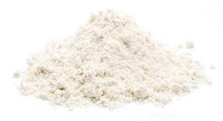 Pile of white wheaten flour isolated on white background. Baking product which is main ingredient in the preparation of pasta, cakes and bread.