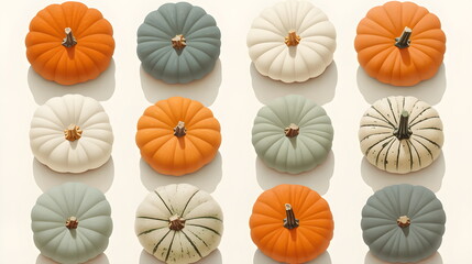 Pumpkin background, Autumn arrangement texture. Orange, grey and white decorative pumpkins. Harvest