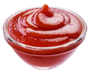 Tomato sauce or ketchup in glass bowl on white background. Front view. File contains clipping path.