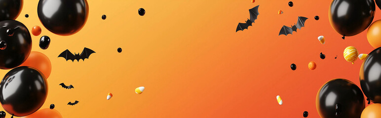Fototapeta premium Black balloons featuring bats, pumpkins, and candy corn create a festive Halloween atmosphere against an orange background. top-view, copy space, perfect for a banner or header template.