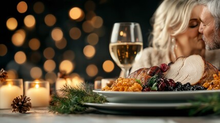 A festive dinner setting with a middle-aged couple kissing in the background, surrounded by holiday decorations, candlelight, and a delicious meal, evoking warmth and celebration