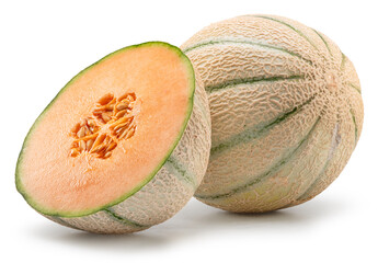 Cantaloupe melon and cross cut of melon isolated on white background. File contains clipping path.