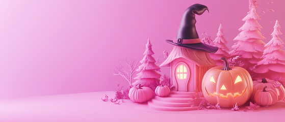a cute Halloween theme rendered in 3D.witch hat, pumpkin house and trees against an  pastel pink background. copy space area for product presentation in web design or e-commerce banner templates.