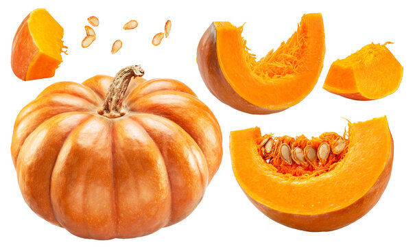Orange round pumpkins and pumpkin slices and seeds isolated on white background.