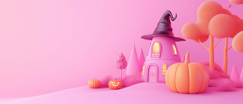 a cute Halloween theme rendered in 3D.witch hat, pumpkin house and trees against an  pastel pink background. copy space area for product presentation in web design or e-commerce banner templates.