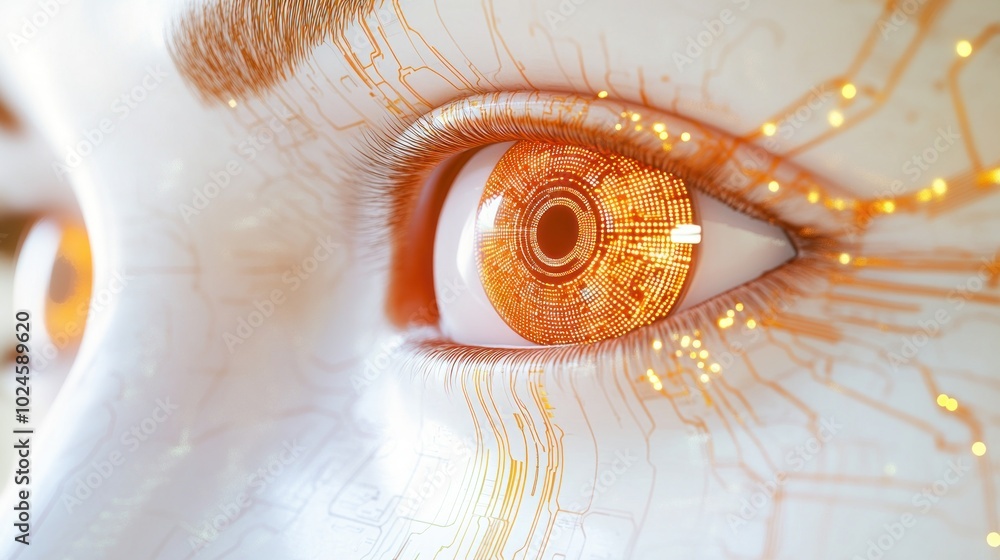 Poster close-up of a futuristic eye with circuitry and glowing orange iris