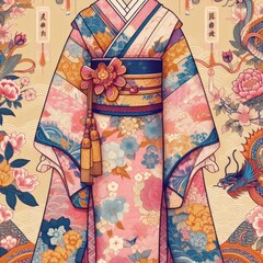 Naklejka premium Japan: Kimono: Made from silk or cotton, it's known for its intricate patterns and vibrant colors.. illustration.