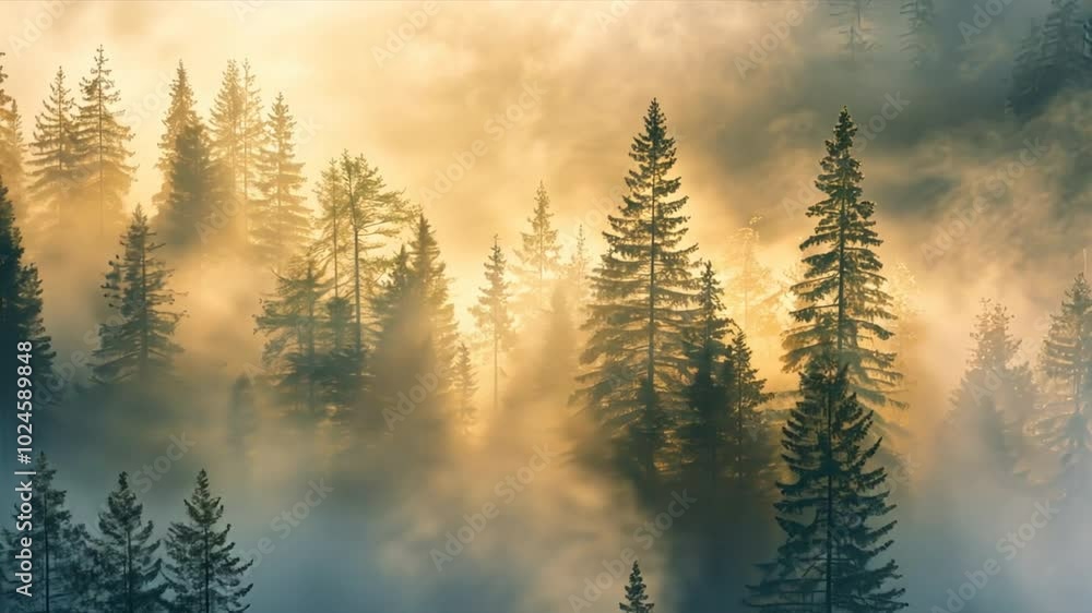 Poster a forest with trees and fog.