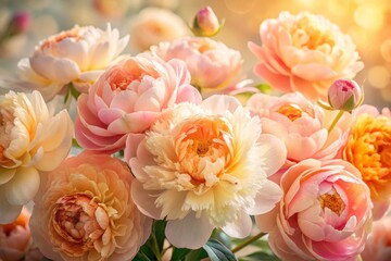 Beautiful Bouquet of Light Orange, Pink, and Cream Peonies in Soft Natural Light