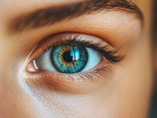 Obraz premium Captivating close-up of a striking eye reflecting nature at dusk with hints of a serene landscape