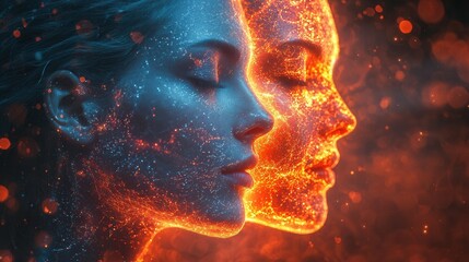 A stunning artistic representation showcasing two faces side by side with a captivating mix of blue and orange shimmering effects, symbolizing duality.