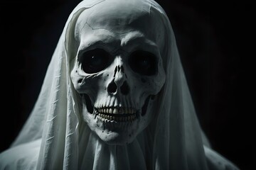 Scary ghost close-up, white spectre in the darkness, halloween night wallpaper