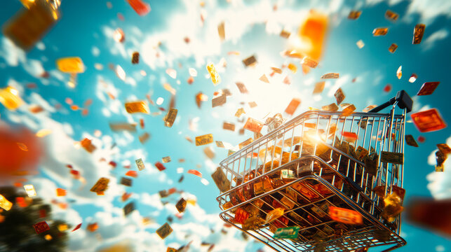 A shopping cart filled with colorful items appears to be floating under a vibrant blue sky