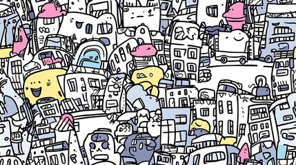An urban chaos-themed seamless pattern, illustrating busy roads filled with vehicles, street signs, and people crossing the streets amidst towering buildings.