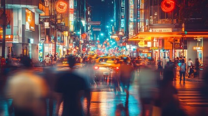 Obraz premium 54. A bustling urban street with neon lights