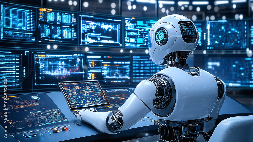 Poster a robot surrounded by screens in a control room, engaged in data analysis.