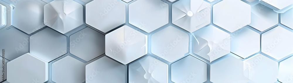 Poster abstract white background with a hexagonal pattern, light gray and soft blue color theme, futuristic