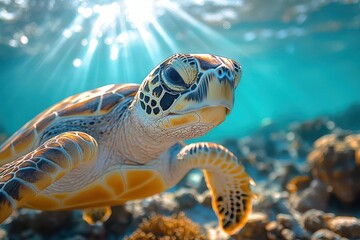 Obraz premium vibrant underwater coral reef playful sea turtle schools of tropical fish kaleidoscope of colors shimmering sunbeams piercing blue waters diverse marine ecosystem crystalclear visibility