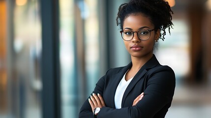  Portrait of a young African American woman standing in an office center wearing a suit and glasses, crossing her arms over her chest and looking confidently at the camera 