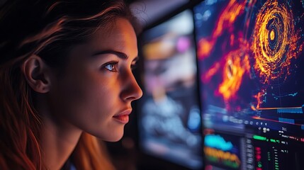 A close-up of meteorologists using digital dashboards to review satellite images and real-time updates of global weather patterns, animated data charts and visualizations of storm activity,