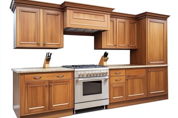 A full kitchen setup with natural wood cabinets, both overhead and lower cabinets, surrounding