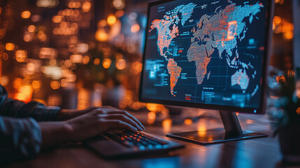 A person monitors a digital world map in a dim tech hub, evoking high-tech vigilance.