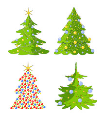 Baubles Christmas trees with stars sparkling 2D cartoon objects set. Pine evergreen coniferous. Christmastree isolated elements flat vector cliparts on white background. Spot illustrations collection