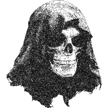Creepy Halloween skull collage element with vintage stippling photocopy effect. Retro vector illustration for psychedelic surreal poster, with experimental grunge dotted texture