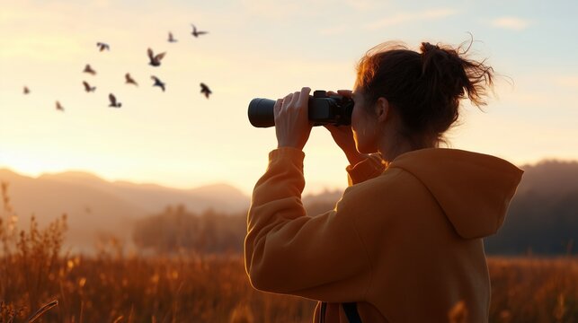 A woman observing birds through binoculars at sunset near a tranquil field in autumn