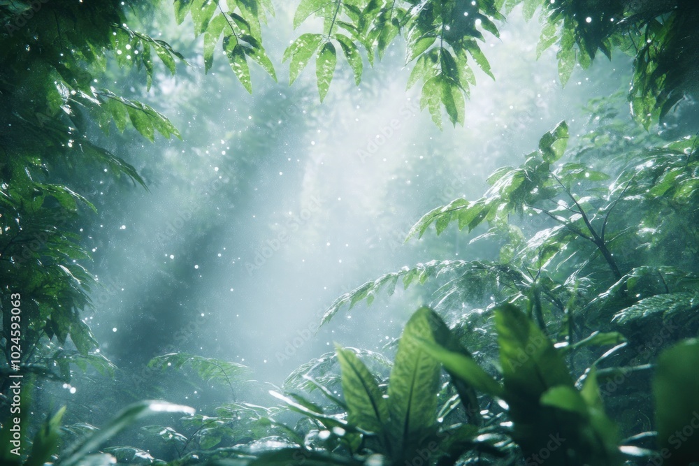 Poster sunlight filters through the dense canopy of a lush rainforest, illuminating the misty air and creat