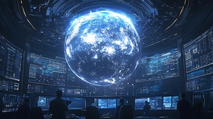 A close-up view of meteorologists observing a holographic digital globe with animated cloud formations and wind currents, the globe rotating slowly in the center of the room,