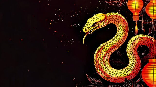 Golden snake with Chinese lanterns and glittering particles on dark background video loop for Chinese new year of the Snake 2025
