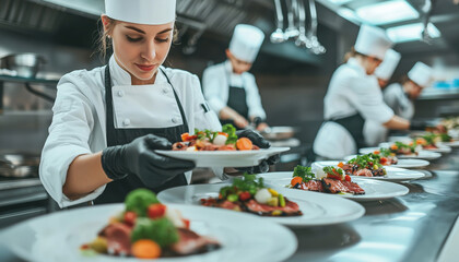Focused chef plating gourmet dishes in a professional kitchen, showcasing culinary skills and teamwork