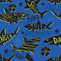 Abstract seamless pattern with shark silhouette, Big fish predator. Grunge modern background for boys and girls,  For prints, T-shirts, textiles,fabric, web. Urban dark wallpaper.