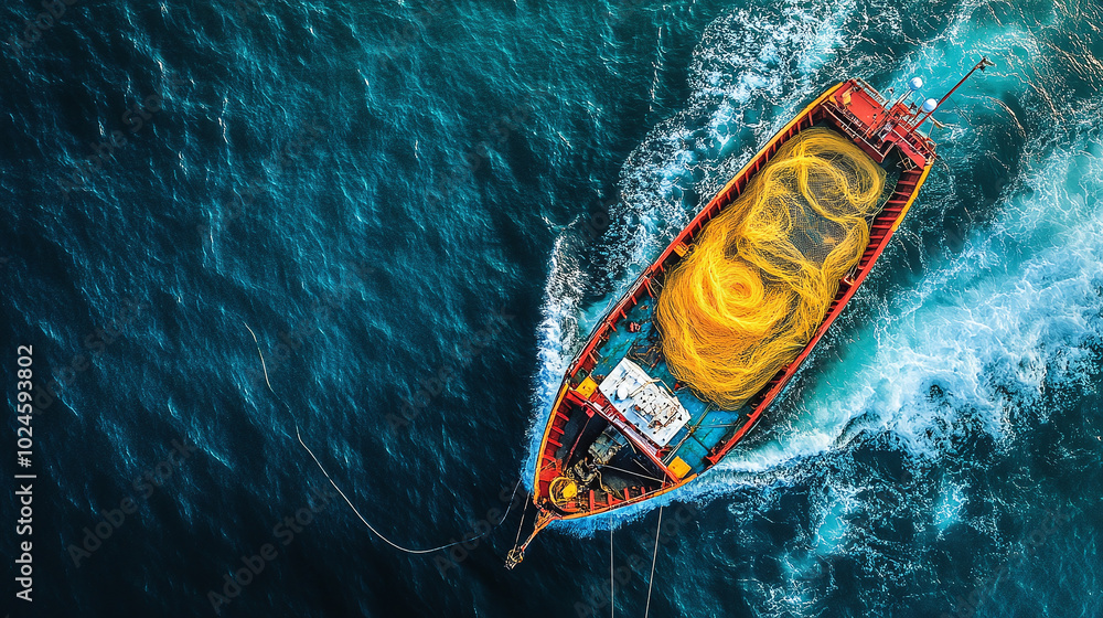 Poster a top view of a fish trawler on the ocean, with its visible net.