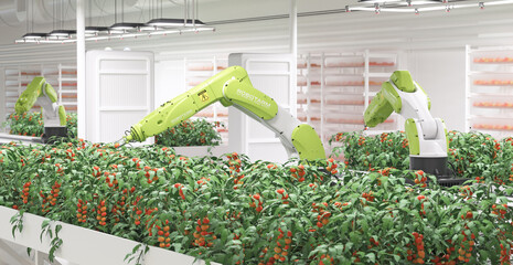 Automated farm guided by artificial intelligence. Digitalized food industry. Realistic 3d render.