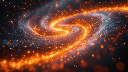 An artistic depiction of a swirling galaxy with bright orange and blue cosmic elements captured against a dark background.