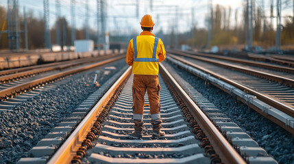 Naklejka premium A construction worker in high-visibility gear checks railway tracks in daylight, ensuring safety.