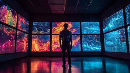 Fototapeta premium A futuristic control center where scientists evaluate extreme weather patterns on massive LED maps, interactive 3D projections showing storm paths and precipitation levels,