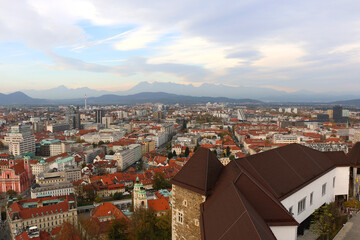 Fototapeta premium Aerial view of central Ljubljana, capital of Slovenia, from Ljubljana Castle. Autumn in the picturesque city.