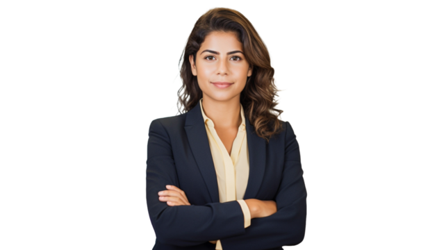 A beautiful smiling hispanic businesswoman in suit standing on transparent background PNG.