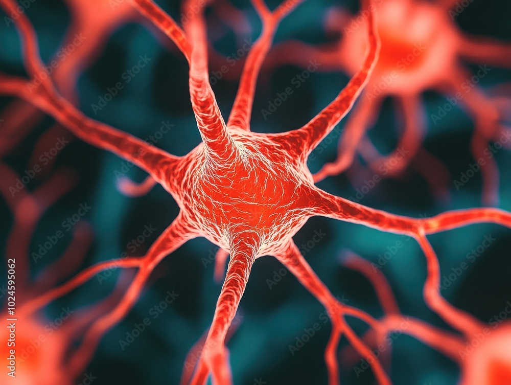 Poster a detailed and vibrant depiction of a neuron showcasing its unique structure and connections in a co
