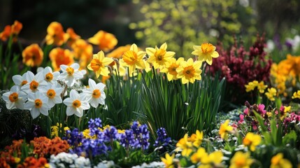 Colorful Spring Flower Garden in Full Bloom