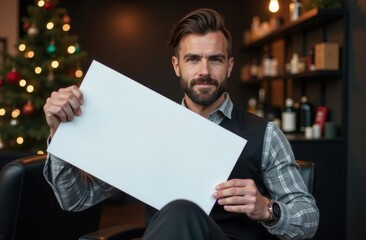 Handsome charismatic barber man holds blank white sign in hands. Dark brutal interior of barbershop. Christmas and New Year atmosphere.