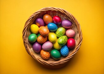 Colorful Easter Baskets with Bright Eggs on Yellow Background for Spring Celebrations