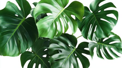 A lush cluster of large green monstera leaves with their signature split patterns. The leaves appear