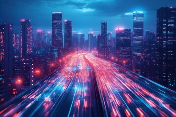 Fototapeta premium A futuristic cityscape at night with a highway lit by colorful car lights.