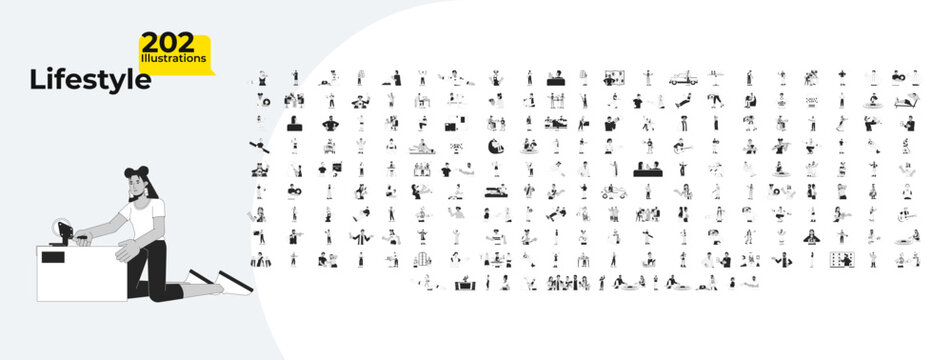 Multicultural lifestyle outline illustrations mega bundle. Construction workers. 90s retro. Psychology. Diwali. Musicians people 2D linear images isolated. Collection black and white vector drawings