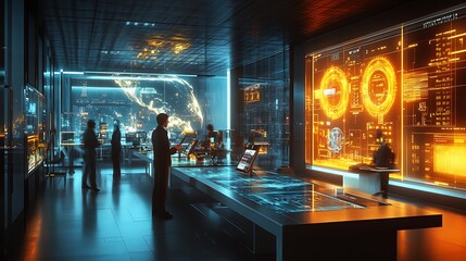 A futuristic lab filled with professionals analyzing real-time climate data using advanced touchscreen tables, holographic projections of global weather patterns, vibrant digital interfaces,