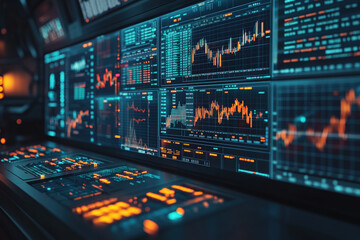 Futuristic Financial Data Dashboard. A high-tech interface displaying financial charts and data, ideal for illustrating modern financial analysis, stock trading, and market trends